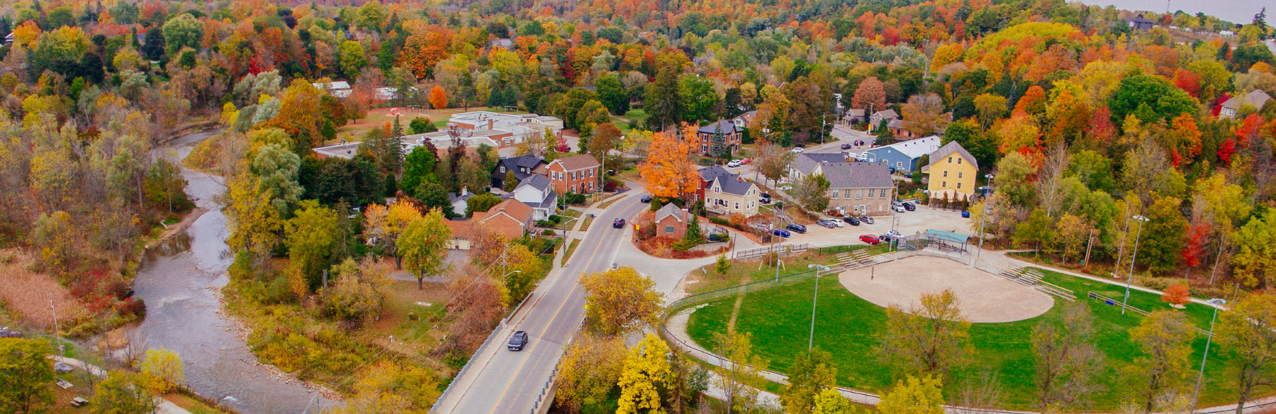 small town ariel shot in fall