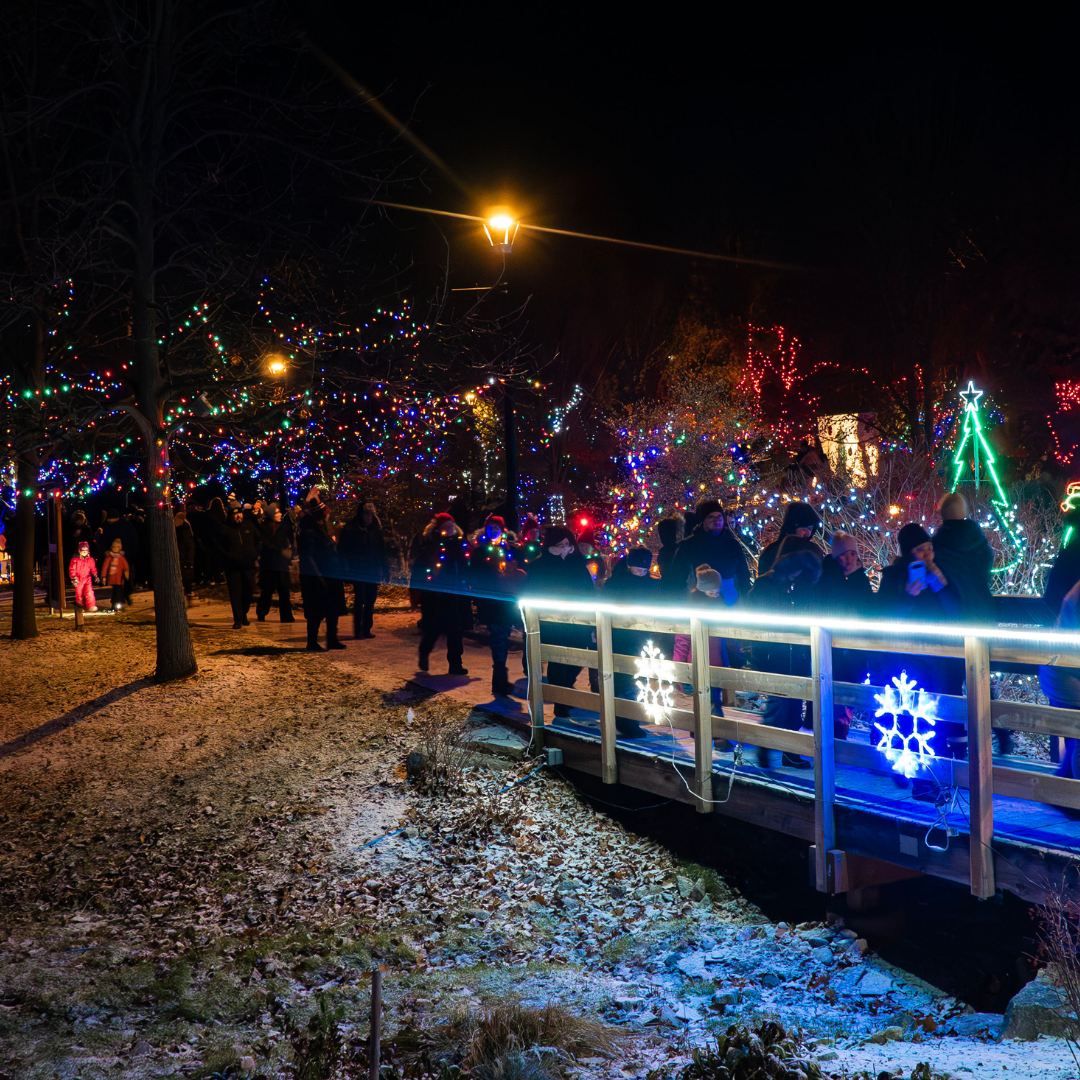 people walking across a bridge at night. the bridge and surrounding park have christmas lights and decorations lighting the way