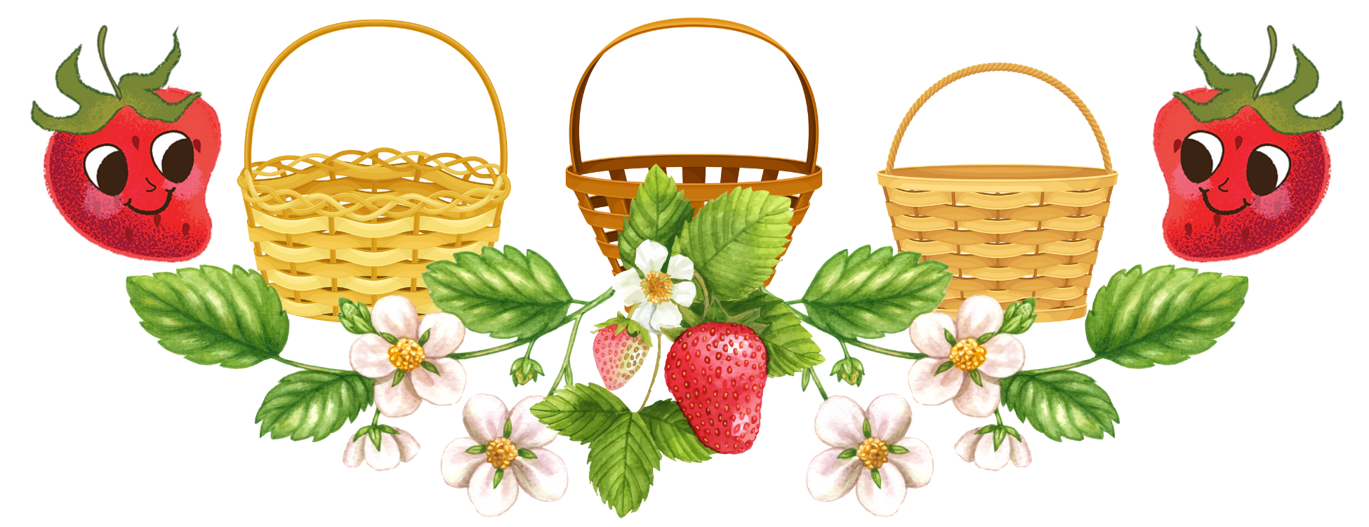 Animated image of three strawberry baskets in a row with two strawberries with cute faces at the ends of the row. Below is a strawberry plant with flowers and strawberries attached to the vine