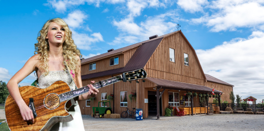 an image of young taylor swift with a guitar superimposed on a image of the barn at andrew's farm market