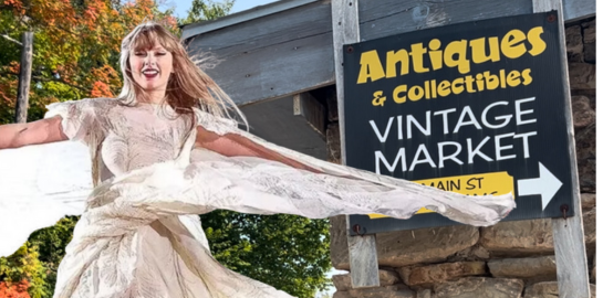 an image of taylor swift in a white flowy dress superimposed over an image of beaumont mill antiques