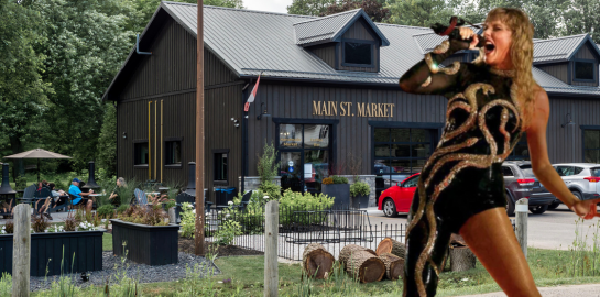 an image of taylor swift in a black body suit with gold snakes all over it super imposed over an image of main street market