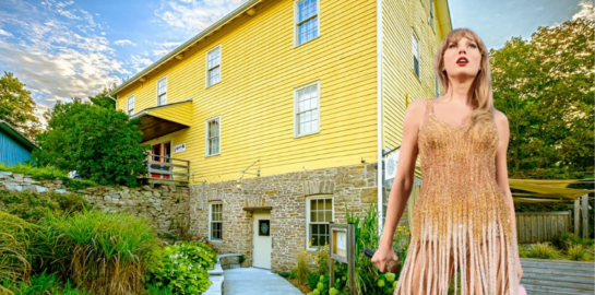 an image of taylor swift in a gold sparkly dress superimposed over an image of the yellow building at the williams mill creative studios