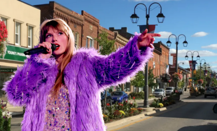 an image of taylor swift in a purple outfit superimposed over an image of downtown georgetown