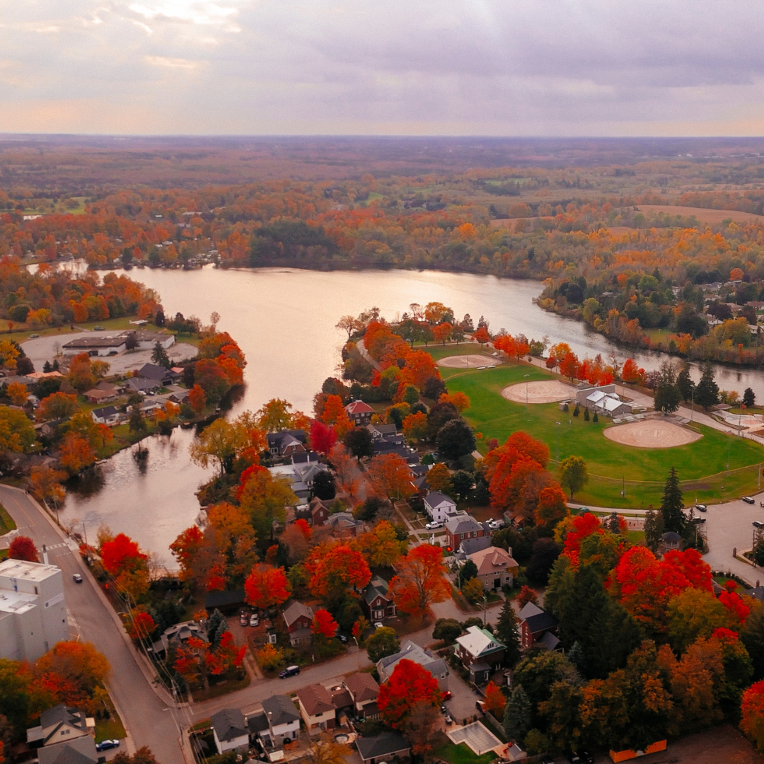 an aerial image of fairy lake in Acton. In the photo you can see the lake surrounded by houses and all the foliage is turning red and orange