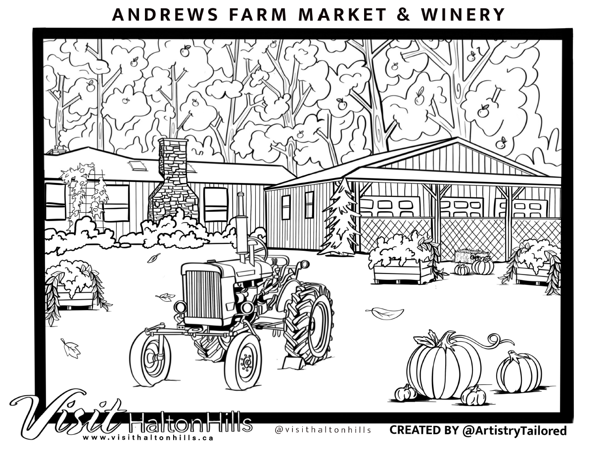 A colouring page of a farm