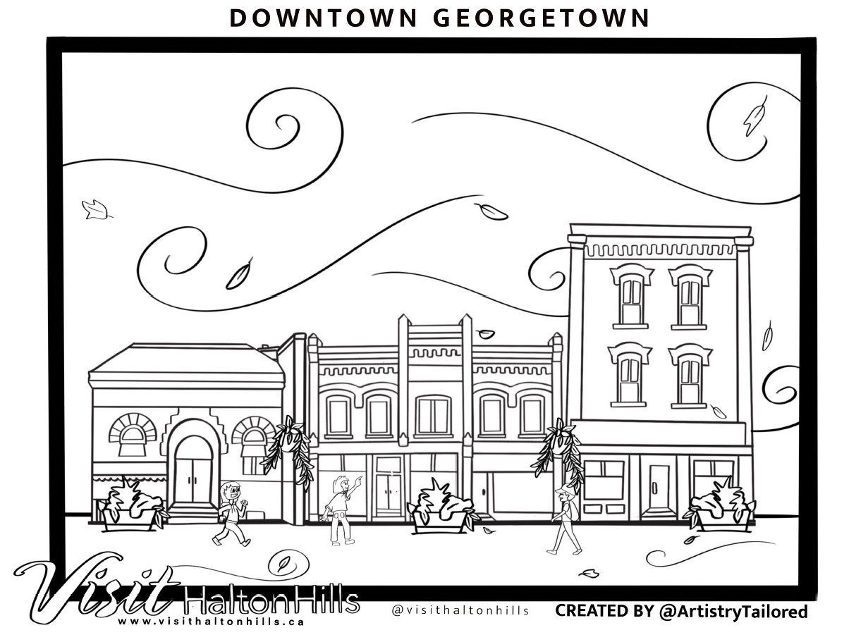 A colouring page of a downtown area with people walking 