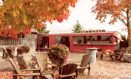 a seating area at Chudleigh's farm. It includes a bunch of chairs and tables in a circle 